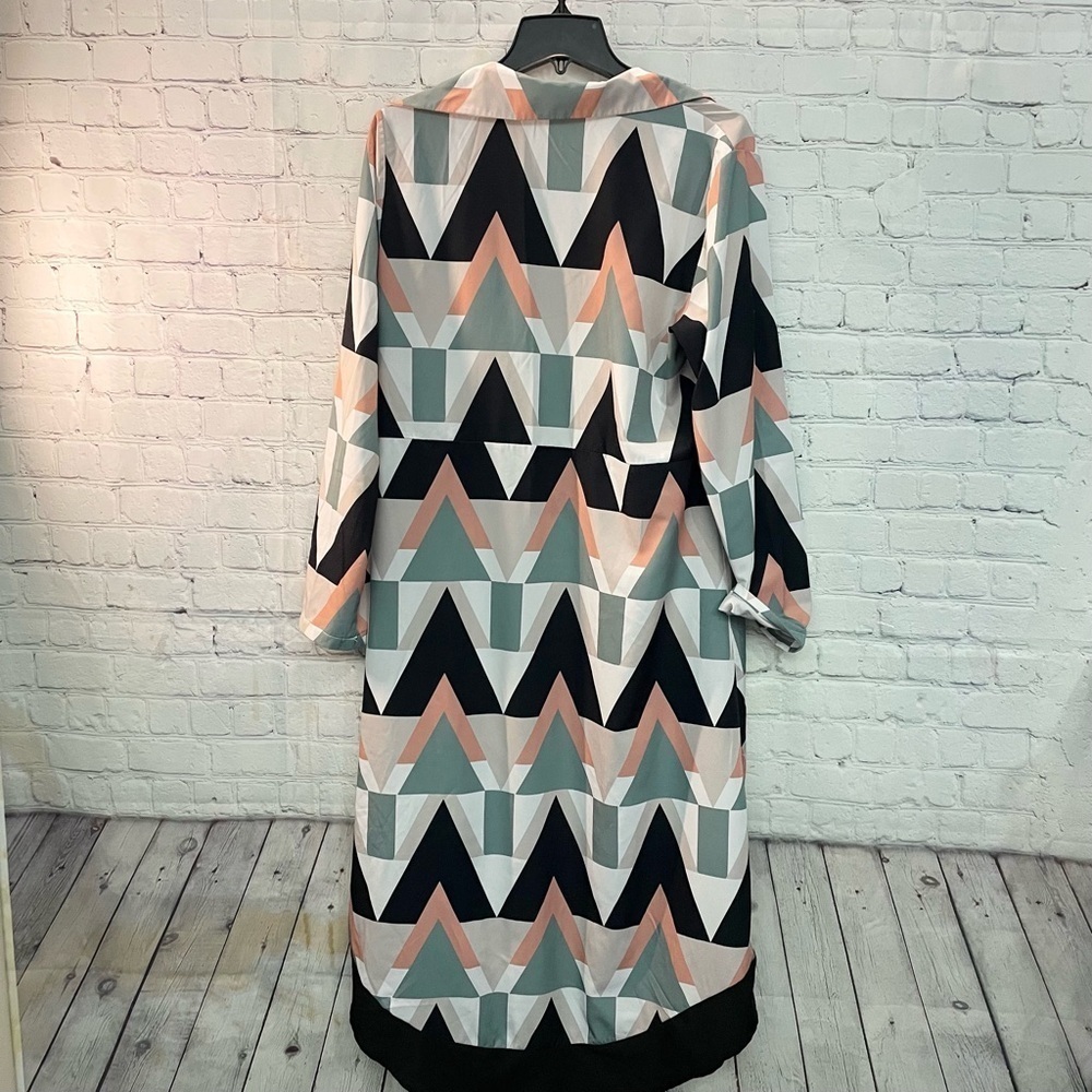 Geometric Chevron Maxi Shirt Dress Long Button Front Jacket Black Sage Peach - Picture 9 of 9